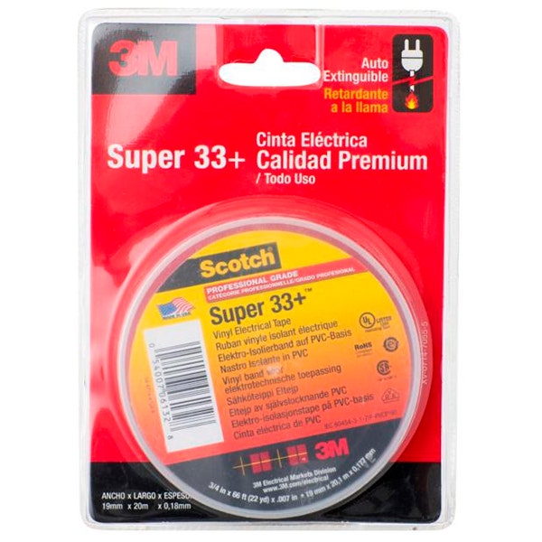 Cinta eléctrica aislante Super 33+ 3M Negro 19 mm x 20m